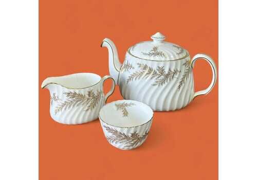 Vintage Minton Golden Fern Tea Set, Elegant Bone China, Repaired