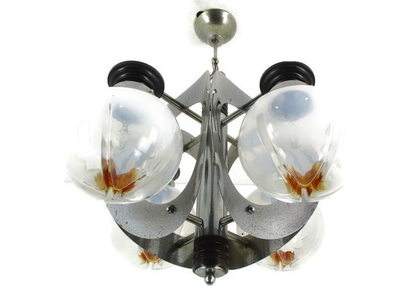 Design Mazzega Murano Chandelier 5 Lights Art Glass Chrome Space Age Italian