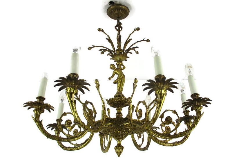 French Gilded Bronze Chandelier Impressive Art Nouveau Putti 6 Lights H Regency