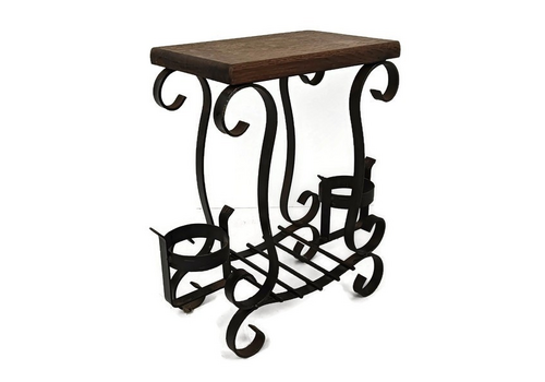 Vintage Wrought Cast Iron Wine Rack Bottle Holder Side Table Wooden Top Farmhous