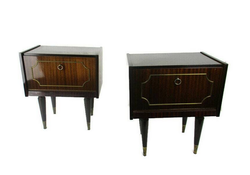 Pair Couple Double Vintage Nightstands End Tables Mid Century Modern Wood Retro