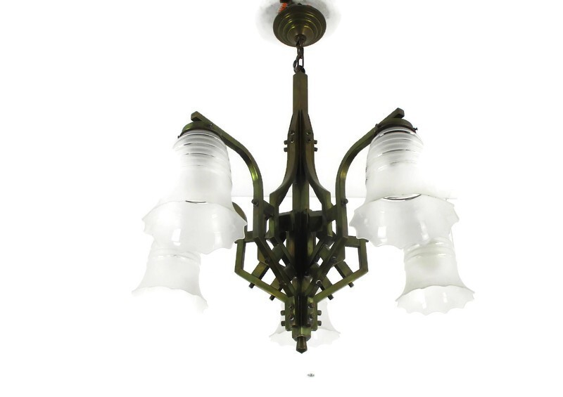 Art Nouveau  5  Lights Arms Chandelier Lamp Art Deco  Abstract Glass Shades Wow