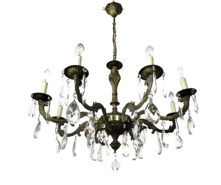 8 Arm Lights Chandelier Revival Hollywood Regency Style Brass Ornate Prisms