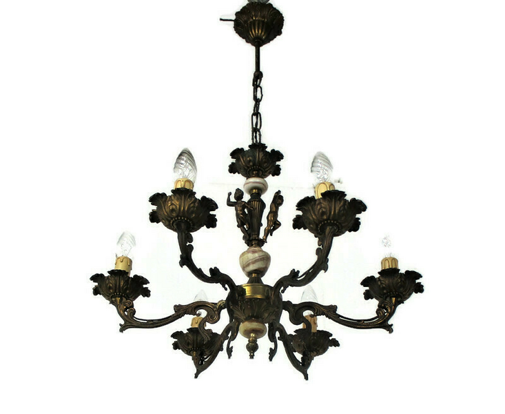Chandelier 6 Lights Arms Putti  Hollywood Regency Spelter Marble Gorgeous Lamp