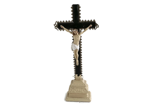 Large Standing Crucifix Table Cross Antique, Ormulu Wood Lamb Of God