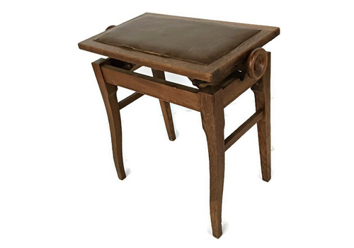 Antique Adjustable Piano Stool Hocker Wood Faux Leather Bench