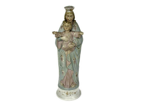 Antique Porcelain Bisque Statue Virgin Mary Our Lady Madonna Infant Child Baby B