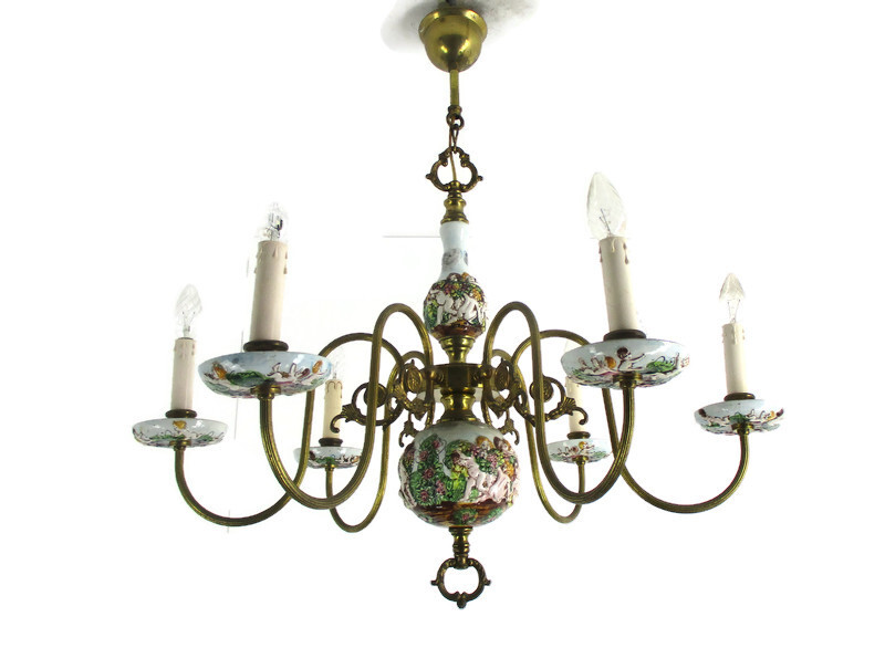 Capodimonte Style Chandelier 6 Arm Italian Porcelain Gorgeous Putti Figurines