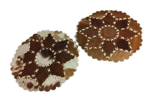2 Pieces Of Cowhide Patchwork Round Table Mats Marked Vintage Hand Laced