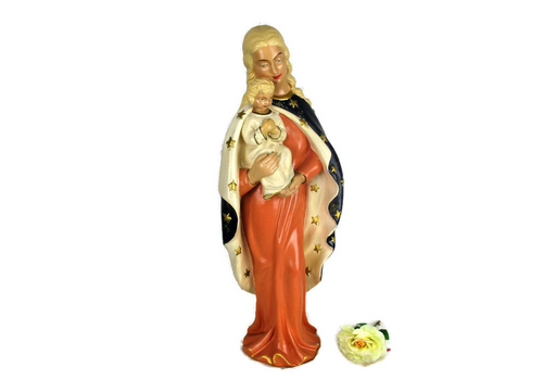 Large Polychrome Statue Virgin Mary Holy Mother Infant Child Mid Century Modern