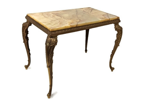 Modernist Hollywood Regency Side Occasional Coffee Wine Table Marble Top Brass