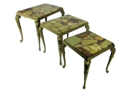 Set Of 3 Nesting Stacking  Coffee Side Tables Marble Brass Hollywood Regency Wow