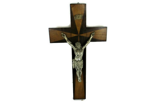 Large Two Toned Wooden Hanging Crucifix Cross Jesus Christ Faux Brass Spelter  C