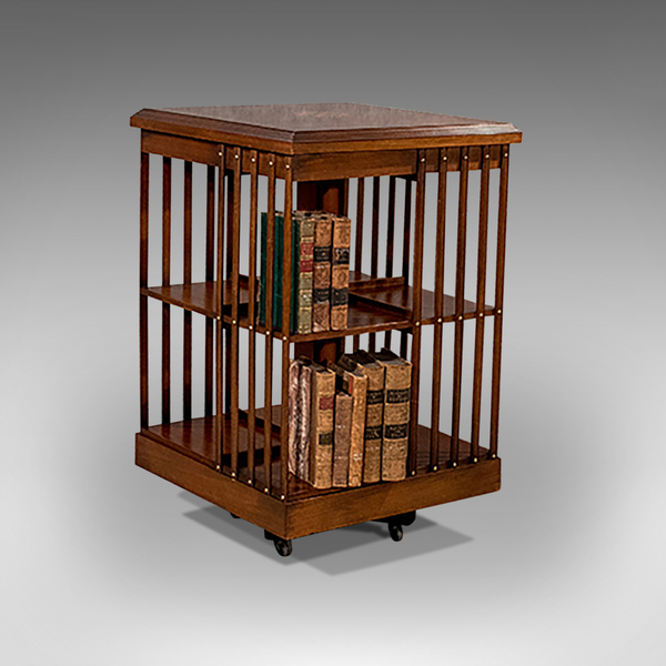 Antique Revolving Bookcase Burr Walnut & Marquetry Library Stand 20th