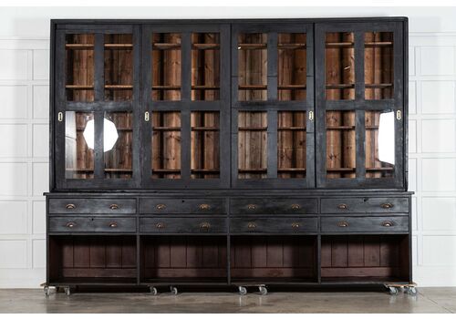 Monumental 19thc English Ebonised Pine Housekeepers / Haberdashery Cabinet