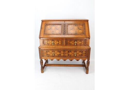 Edwardian Marquetry Inlaid Oak Bureau
