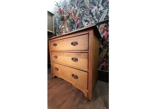 Vintage Solid Light Oak Chest Of 3 Long Drawers With Original Handles