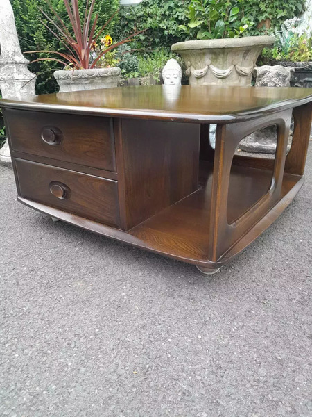 Vintage 1950s Ercol Pandora Square Coffee Table On Castors