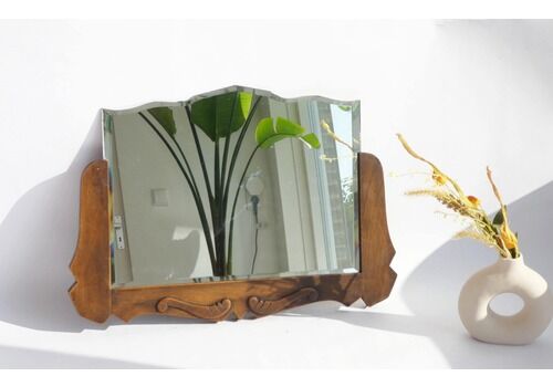 Antique Art Deco Beveled Mirror With Wooden Frame, Dutch Semi Frameless Wall Mirror With Carved Details, Farmhouse Decor Wall Hanging