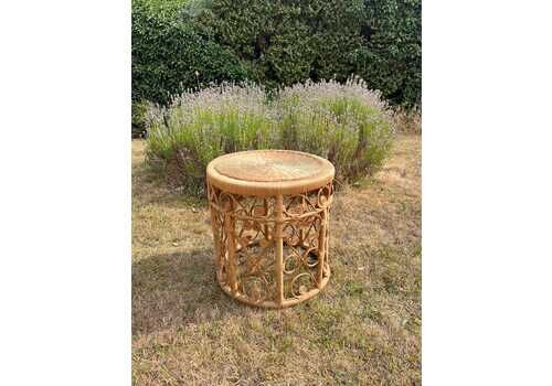 Vintage Tiki Boho Bamboo Foot Stool, Side Table, Cane Plant Stand Peacock Style