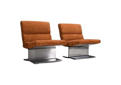 Very Rare Pair Of Leather And Steel Lounge Chairs By Paul Geoffroy For Uginox