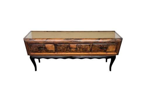 1950s Art Deco Mid Century Regency Italian Burl And Brass Low Consolle Sidetable