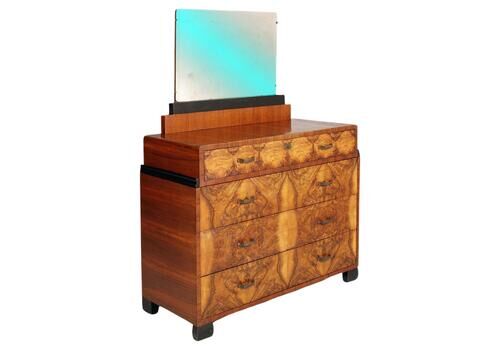 Art Deco Commode & Mirror In Walnut By Atelier Varedo, Gino Maggioni Attributed.