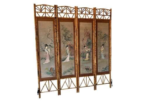 Oriental Bamboo Decorative Panel On Straw Of Geisha Women 1950s