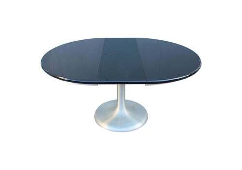 Extendable Round Table In Black Lacquer Satin Metal 1970 Moscatelli Formanova