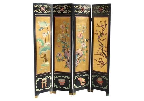 4 Panel Wood With Colored Enamels And Chinese Gold Leaf Lotus Flowers And Herons