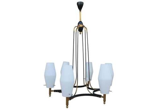 Round Mid Century Italian Stilnovo Style Chandelier Brass Murano Glass 1950