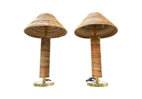 Contemporary Pair Of Brass And Bamboo Table Lamp, Italy