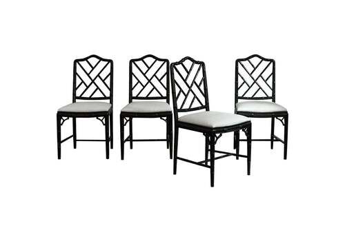 Set Of 4 Chippendale Style Faux Bamboo Black Lacquered Chairs, 1970s