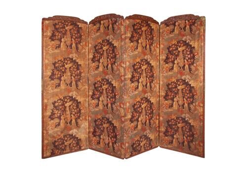 Victorian Four Panel Screen, Roomdivider In Carved Wood, Poetic Design In Fabric