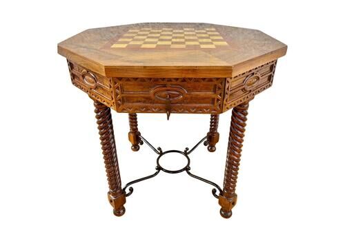 Antique Octogonal Burnt Oak Inlaid Games Table With Two Drawers And Turned Legs