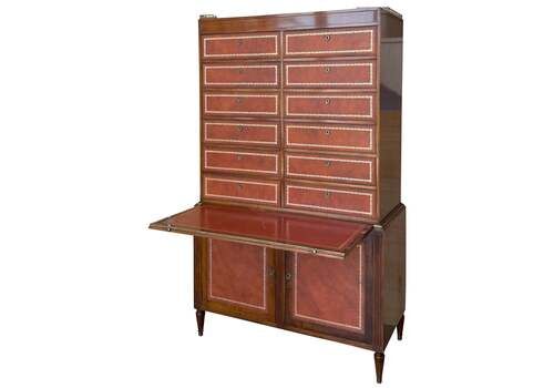 Vintage Chippendale Style Orange Tooled Leather Commode Chest Of Drawers, Desk