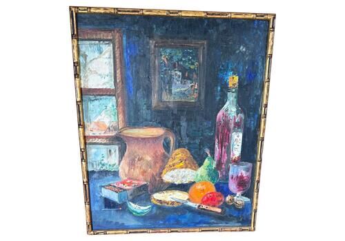 1970s French Still Life Painting, Bold Colors & Thick Texture, Faux Bamboo Gilde