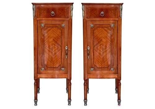 Hight Tall Narrow French Marquetry Nightstands With Drawer And Door In Burl Oak