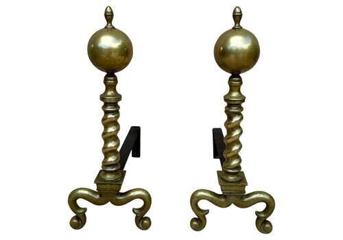 18th American Chippendale Style Brass Cannonball Andiron Firedog With Log Stops