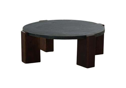 Round Brutalist Coffee Table In Oak & Slate, French Mid Century Modern, 1970s
