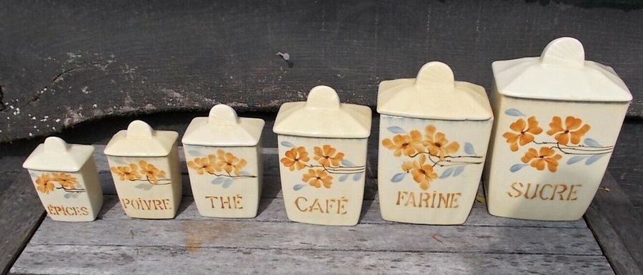 Set Of 6 Vintage French Ceramic Kitchen Storage Jars Canisters