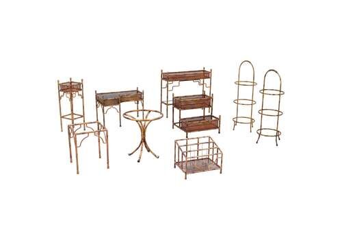 Set Of 9 Faux Bamboo Planters And Small Tables With Glass Top, France, 1970