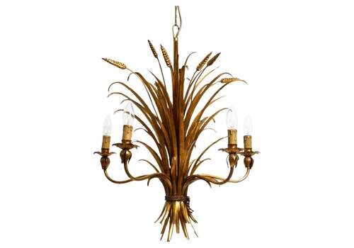 Beautiful 1970s Gold Plated 5 Arm Tall Metal Chandelier By Hans Kögl