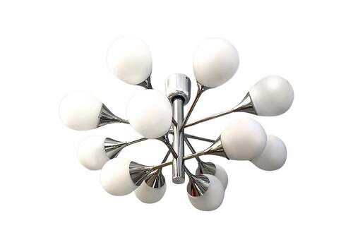 German Sputnik Flush Mount Chandelier White Glass Globes & Chrome By Kaiser 1970