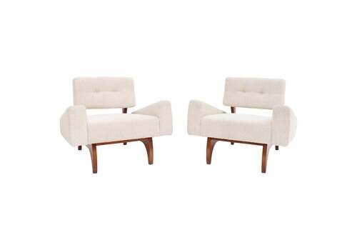 Pair Of Italian Contemporary Walnut Armchairs With White Bouclé Upholstery