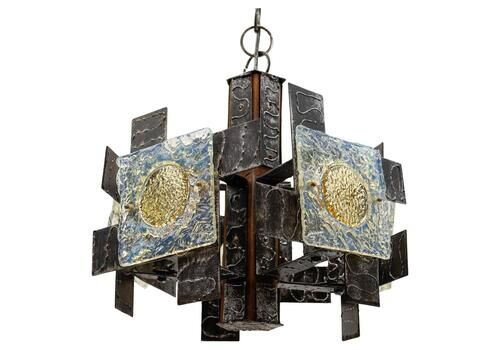 Rustic Ceiling Lamp In Wood, Iron And Murano Glass, 1960s Italy