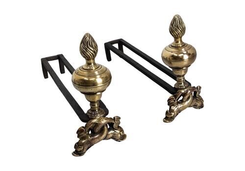 Pair Of Louis XIV Bronze & Wrought Iron Dolphin Andirons, France, Late 17th C