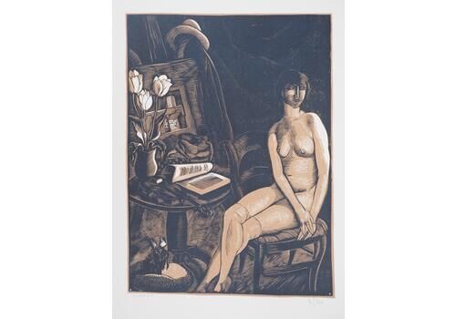 Fernand Simeon Nude Model Reading With Her Dog   Original Wooodcut, Handsigned & Numbered /1601925