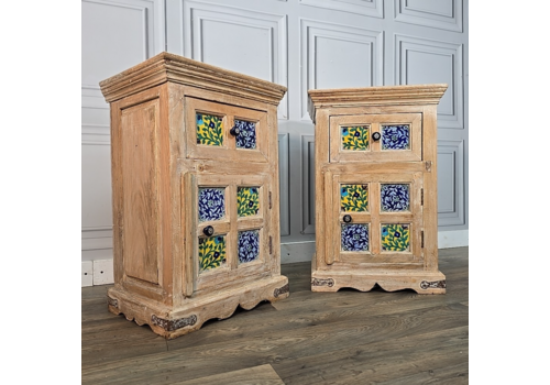 Pair 2 Antique Style Rustic Indian Bedside Cabinets Lamp Side Tables Cupboards