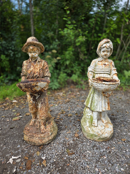 Pair Of Early 20th Century Cast Iron Boy And Girl Statues | Vinterior
